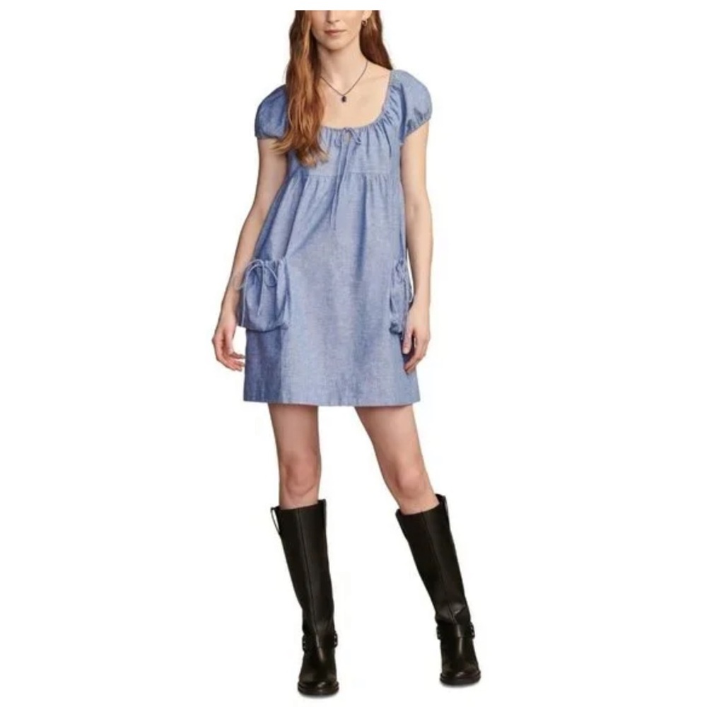 Lucky Brand Blue chambray Mini Dress M with cinched tie pockets and neckline